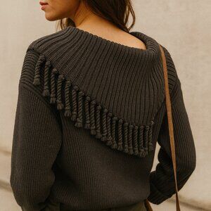 Vintage Colour Works Fringe Shawl-Collar Sweater – Black – Size XL